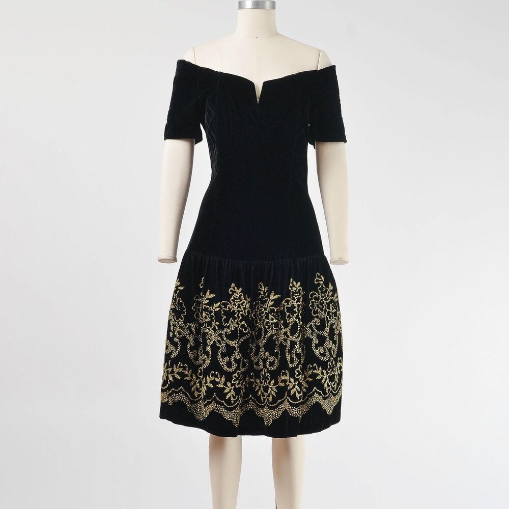 Vintage 80s Black Velvet Off Shoulder Drop Waist Gold Glitter Floral Dress S M